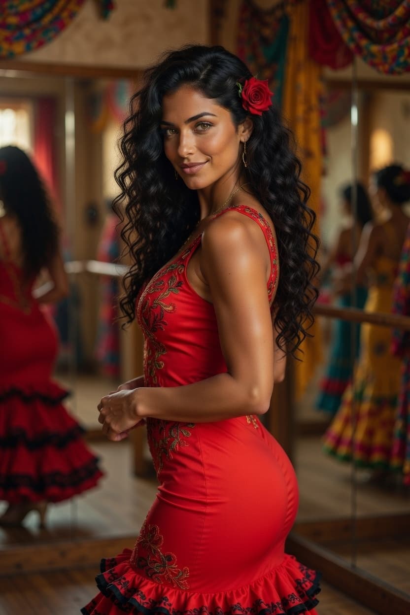 A radiant woman in a striking red flamenco dress poses confidently in a vibrant dance studio.