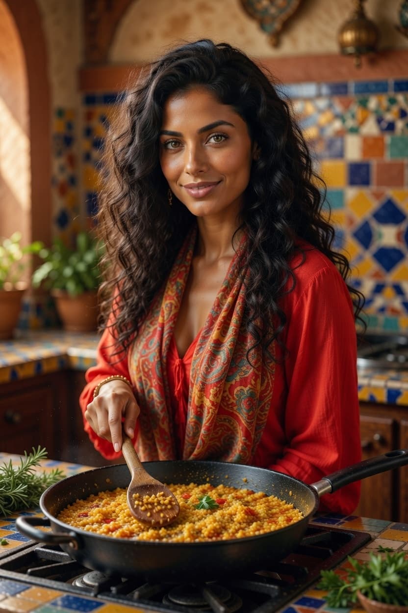 A radiant woman stirs a vibrant pan of food in a sunlit kitchen.