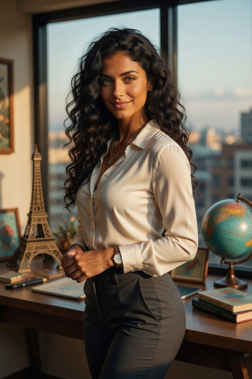 A poised woman stands confidently in her sunlit home office with a city view.