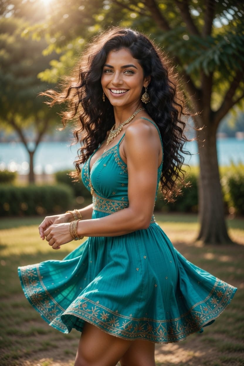 A radiant woman in a flowing teal sundress twirls playfully in a sunlit park during golden hour.