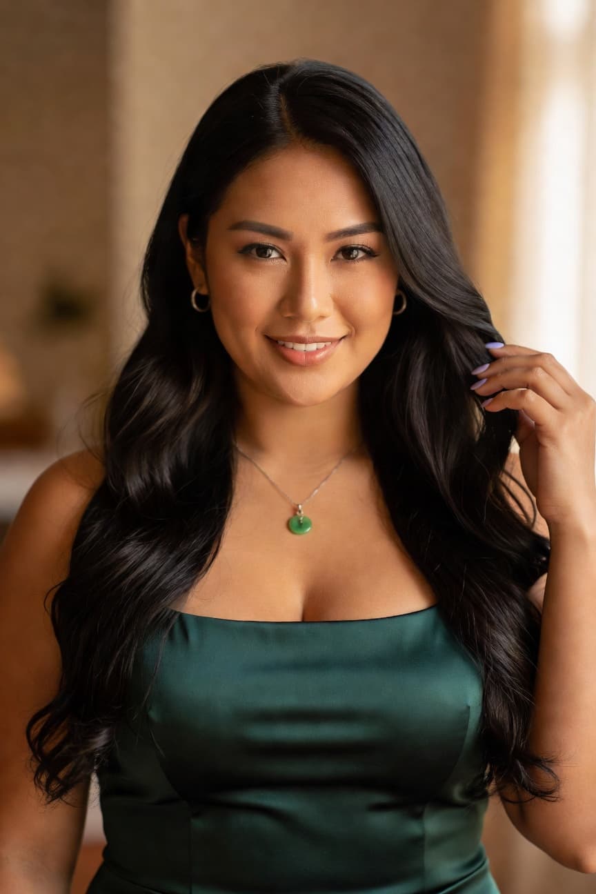A radiant woman in an emerald green satin dress smiles confidently at the camera while gently touching her long dark hair.
