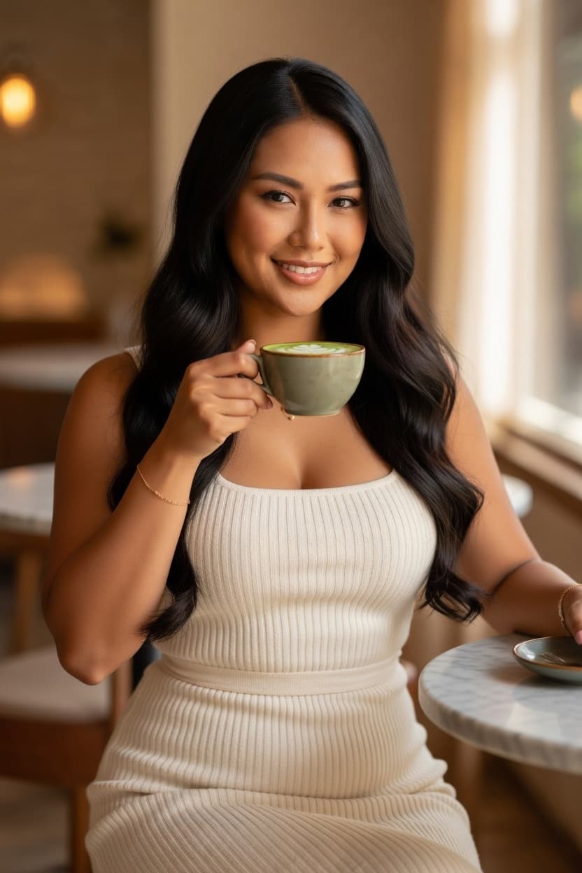A radiant woman smiles warmly while enjoying her morning coffee in a sunlit cafe.