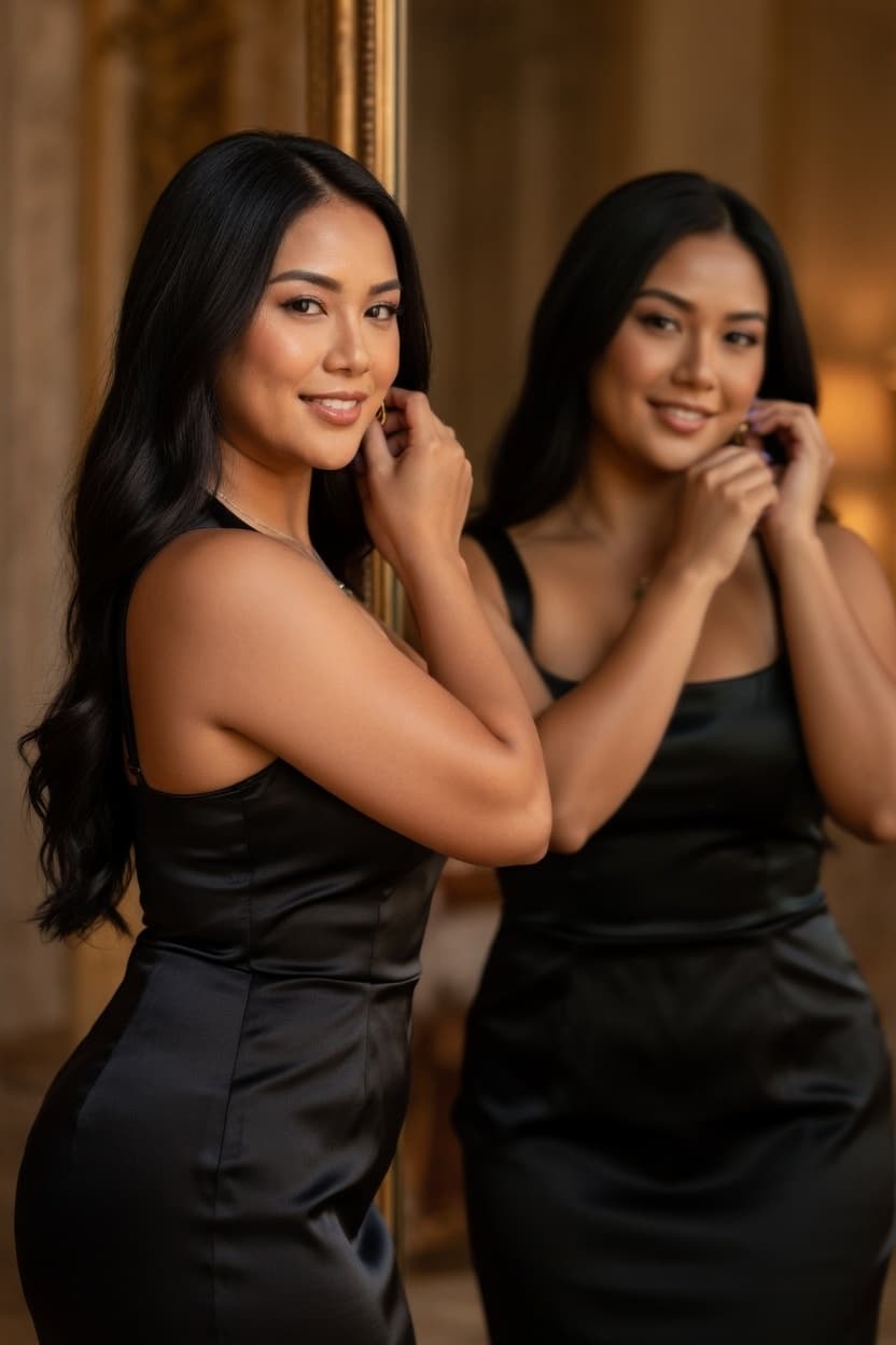 A poised woman in a sleek black dress smiles softly while touching her earrings, her reflection visible in a gilded mirror behind her.