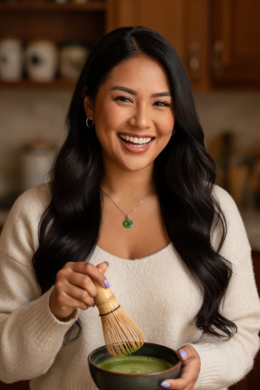 A radiant woman smiles warmly while preparing a matcha drink in her kitchen.