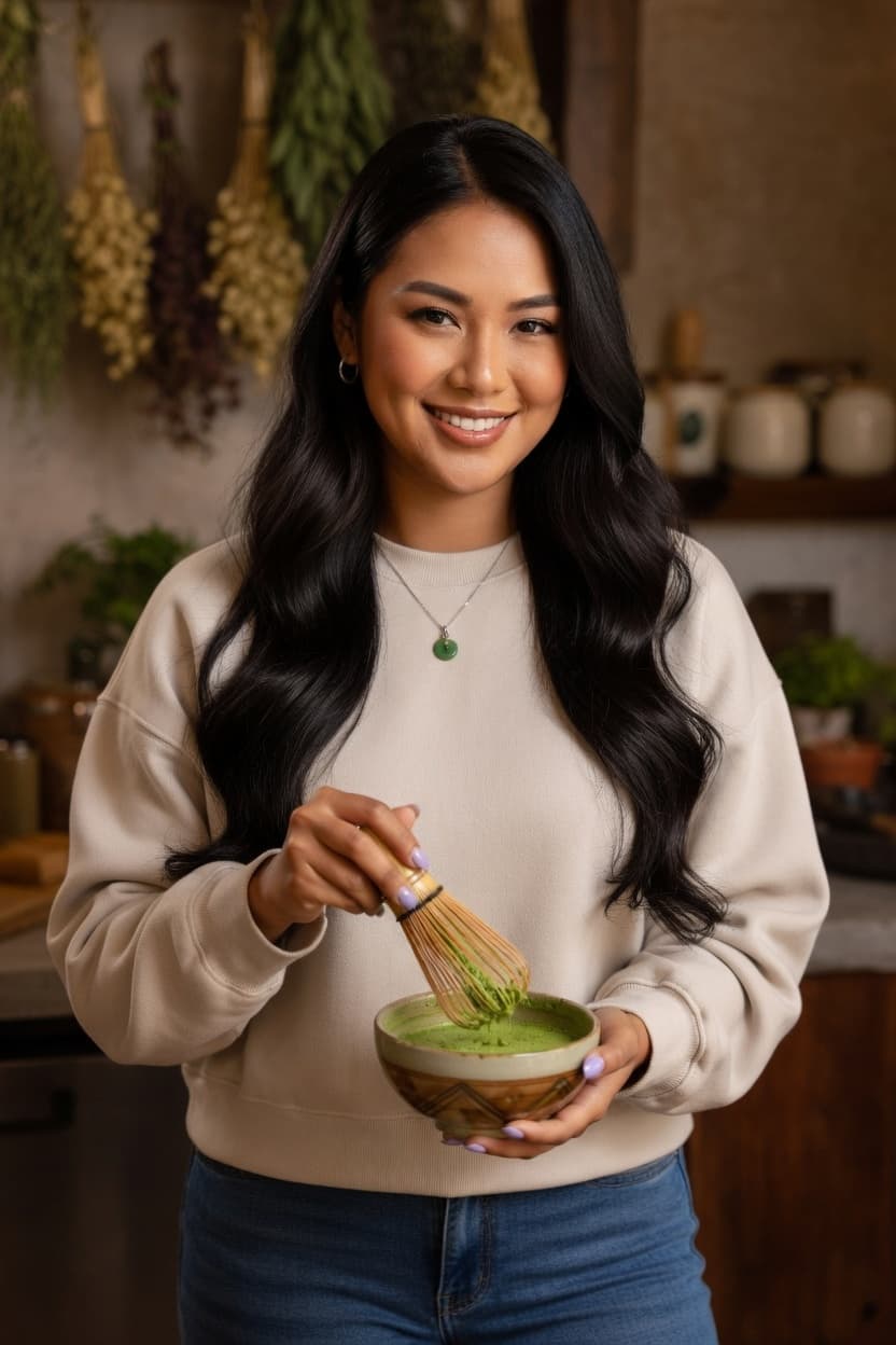 A radiant woman smiles while preparing a vibrant matcha in her kitchen.