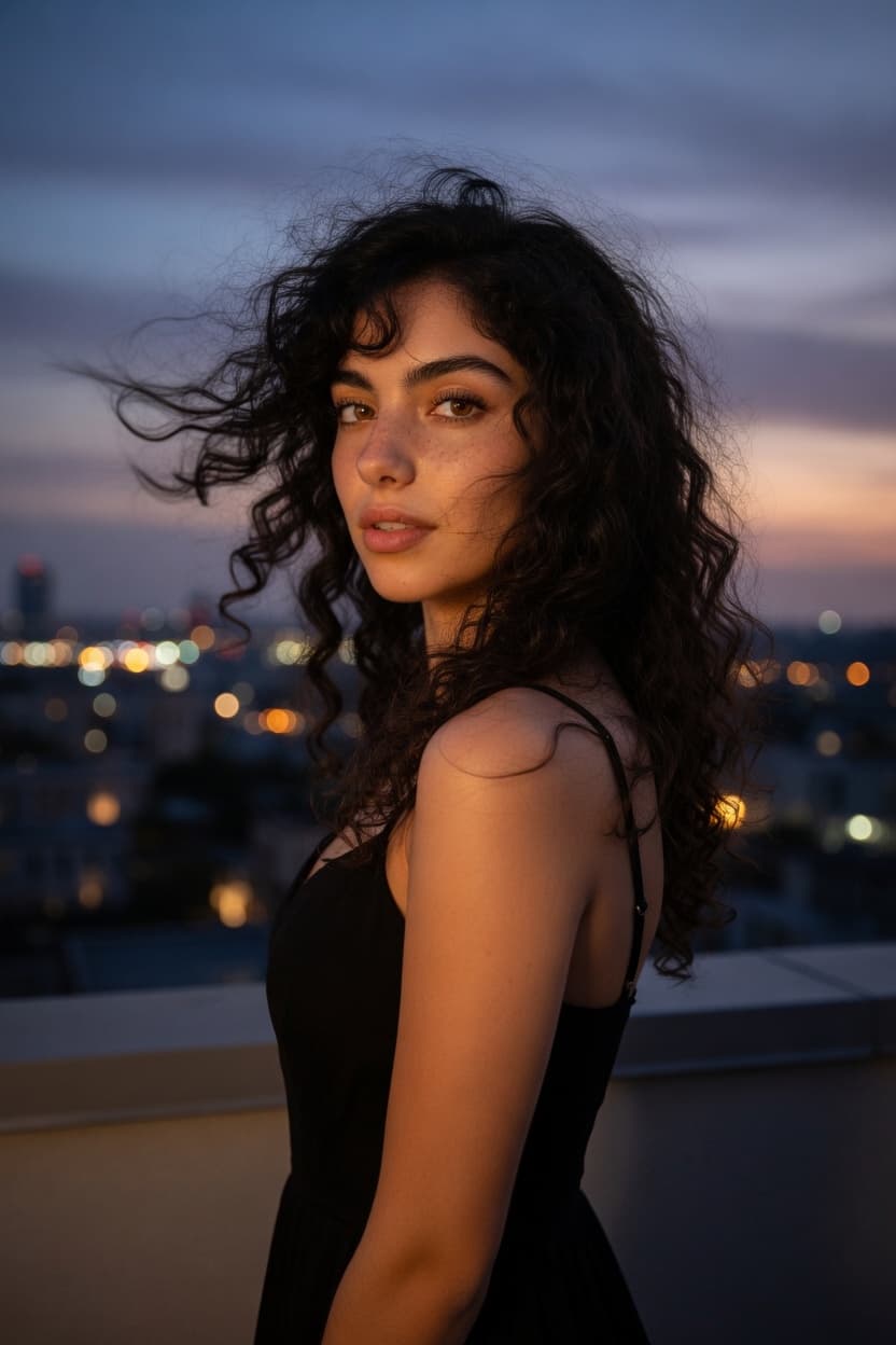 A woman with flowing dark curls stands on a rooftop at dusk, gazing over her shoulder at the glowing city skyline.