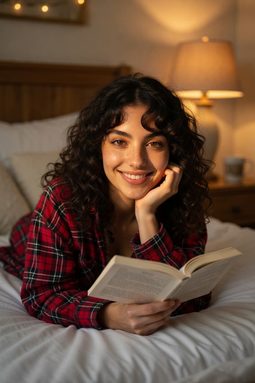 A woman with curly hair smiles warmly while reading a book in bed.