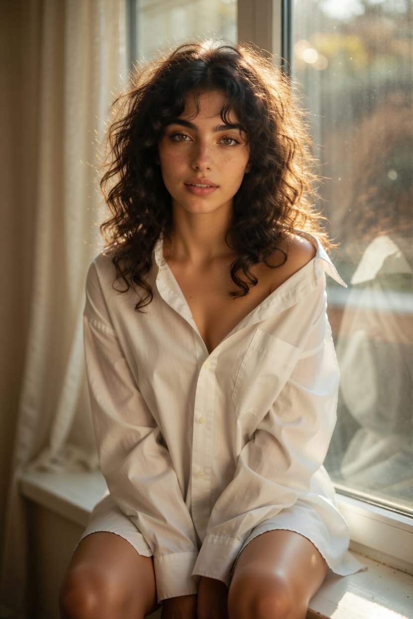 A woman with curly hair sits by a sunlit window in an oversized white shirt, gazing directly at the viewer with a soft expression.