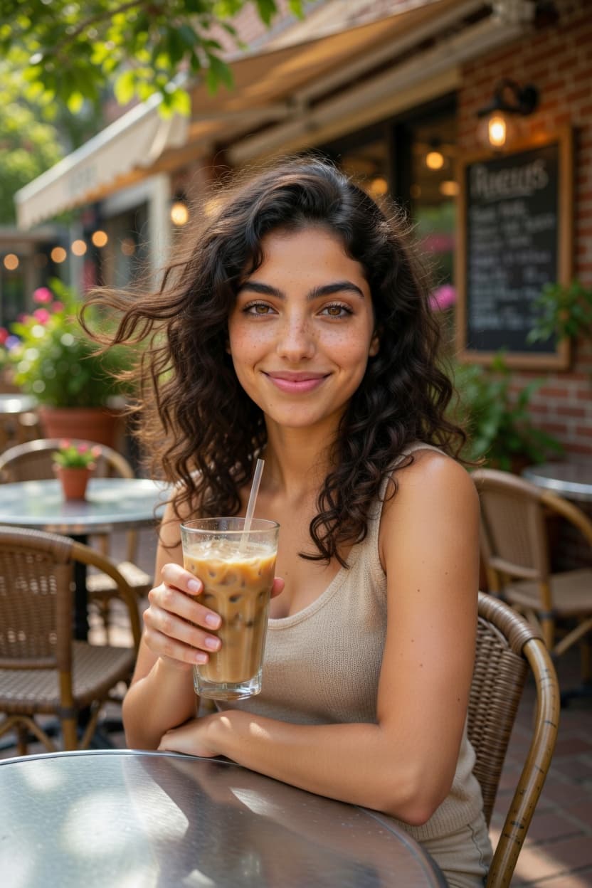 A radiant young woman with curly hair smiles playfully while holding an iced coffee at a sunny outdoor cafe.