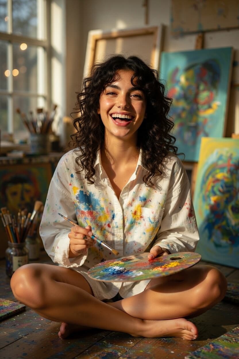 A joyful artist sits cross-legged on the studio floor, palette and brush in hand, surrounded by her vibrant paintings.