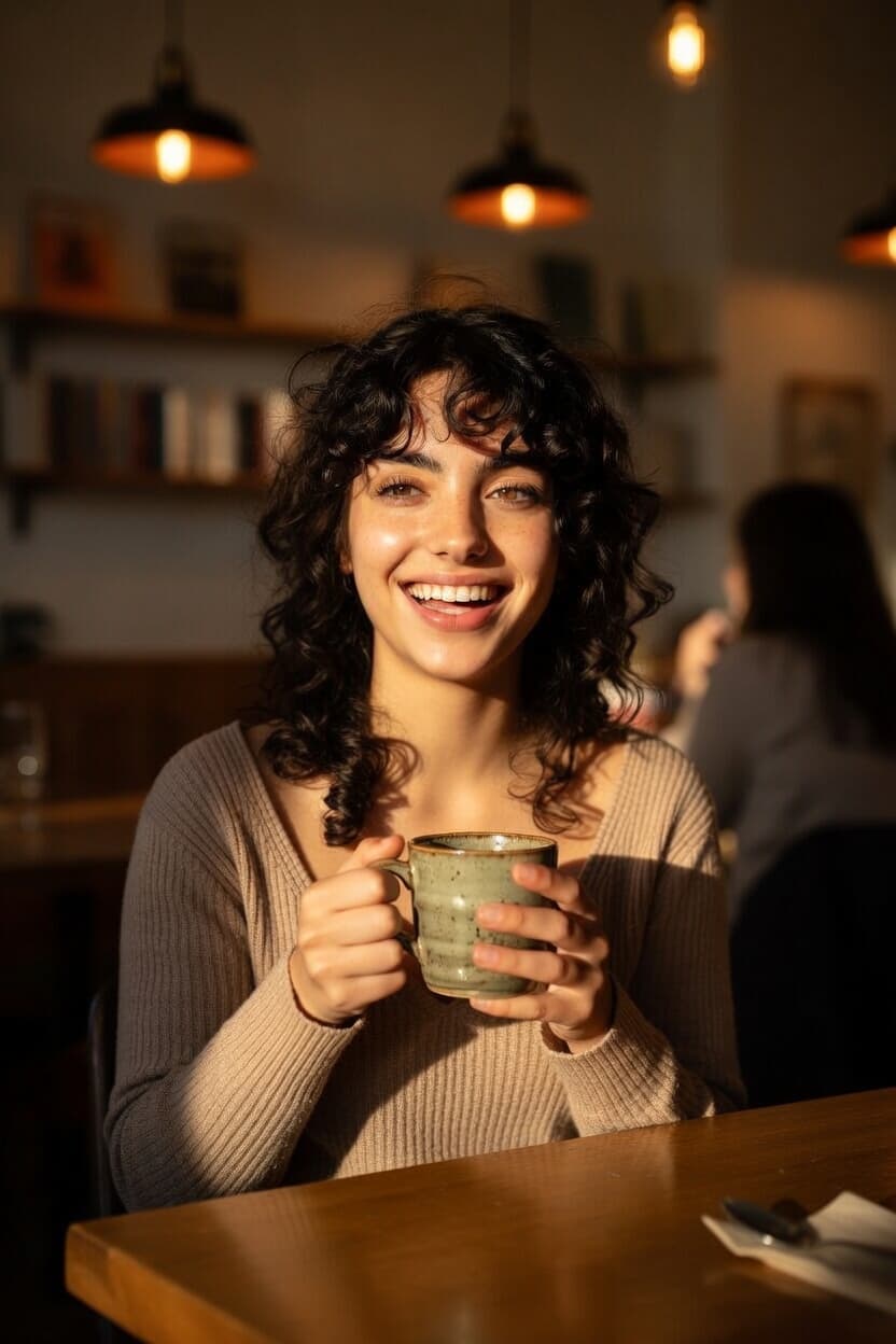 A radiant young woman with curly dark hair smiles warmly while holding a ceramic mug in a sunlit cafe.