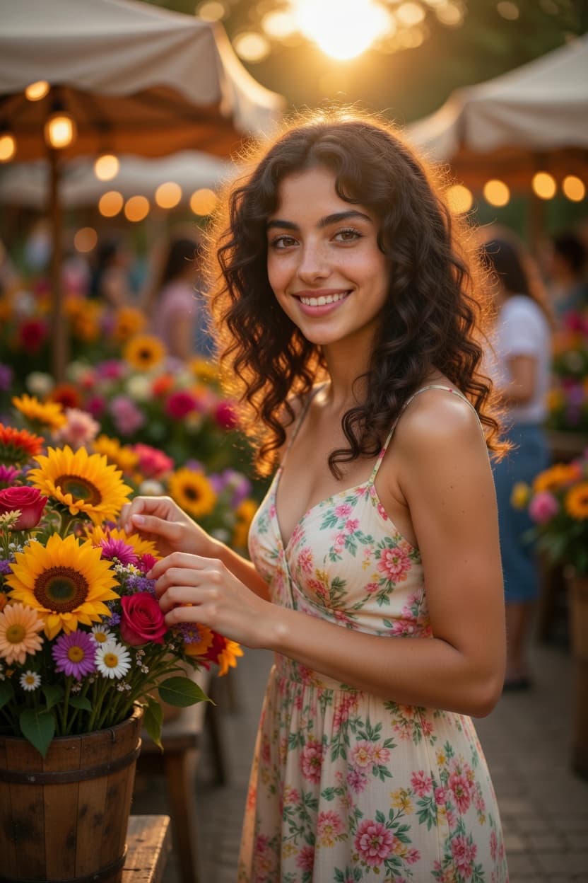A radiant young woman in a floral sundress smiles warmly while touching a vibrant bouquet of flowers at a bustling outdoor market during golden hour.