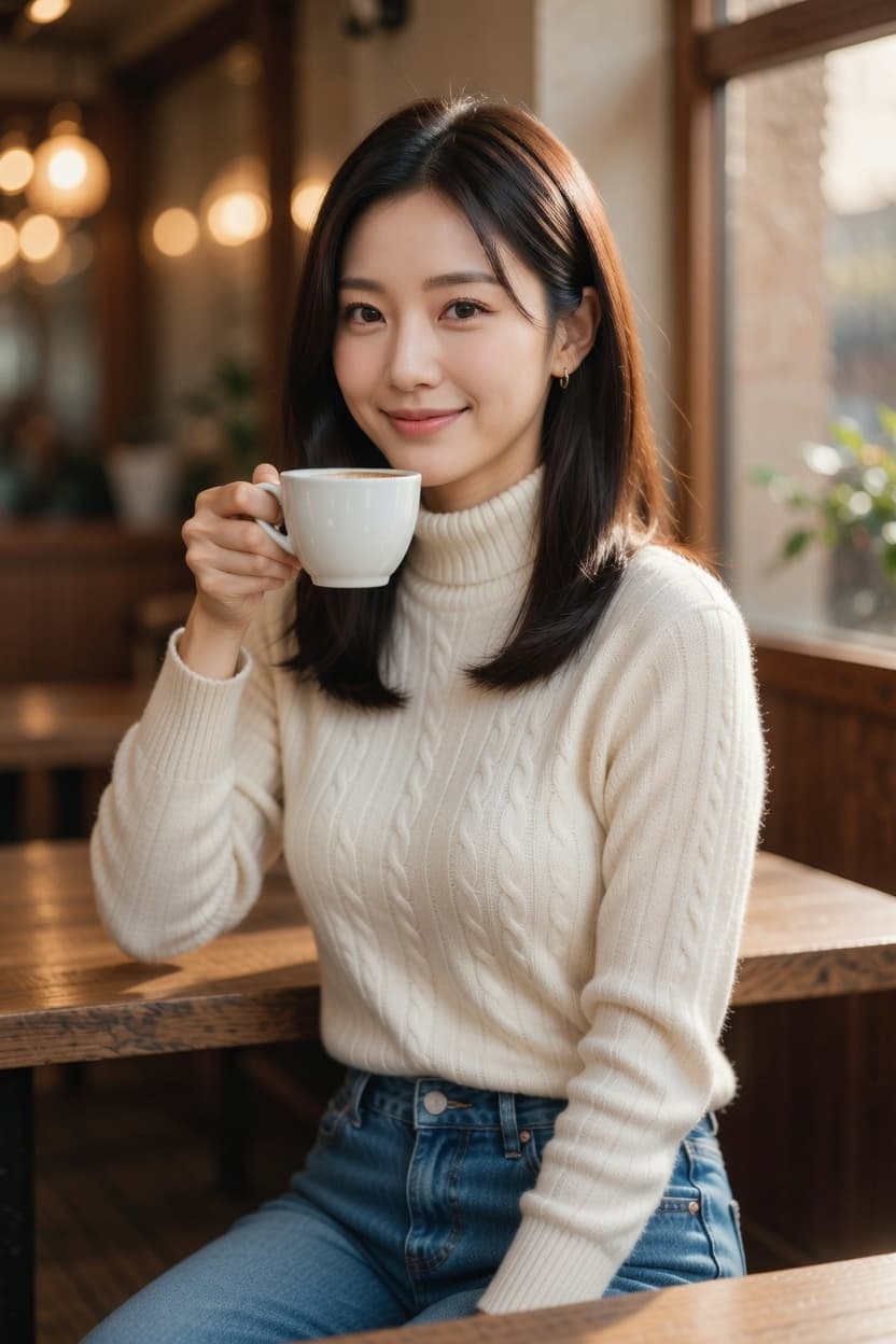 A young woman in a cozy cream sweater enjoys a warm cup of coffee in a sunlit cafe.