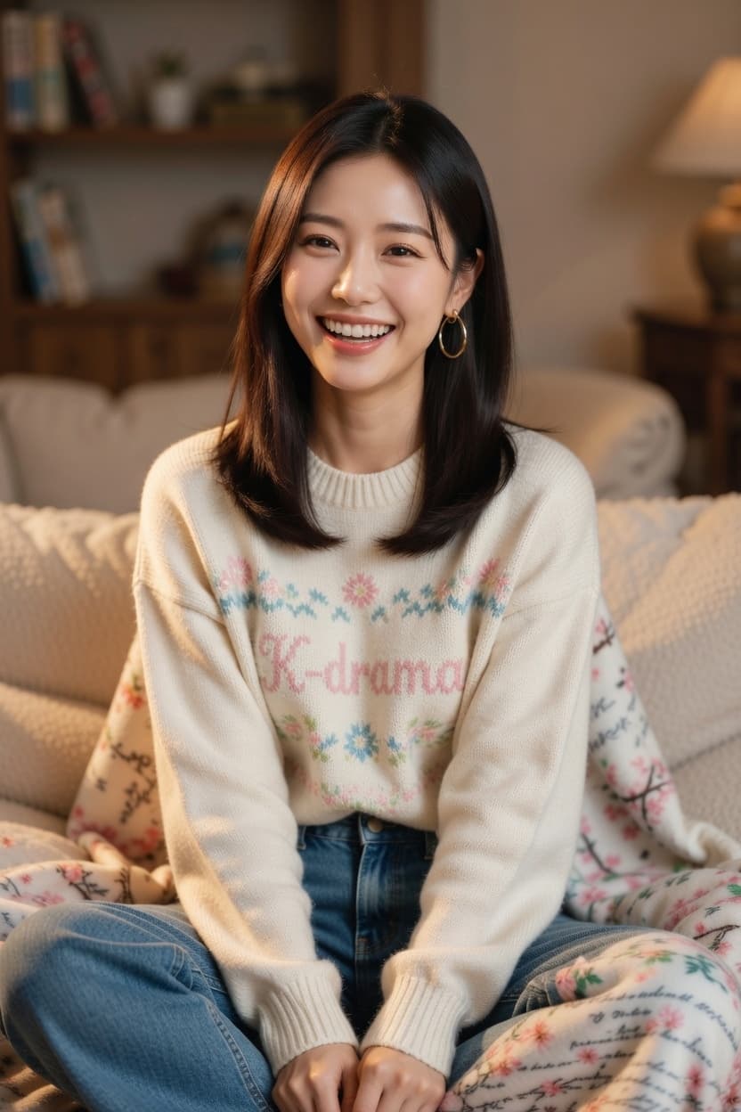 A radiant young woman smiles warmly while sitting on a cozy couch in her living room.