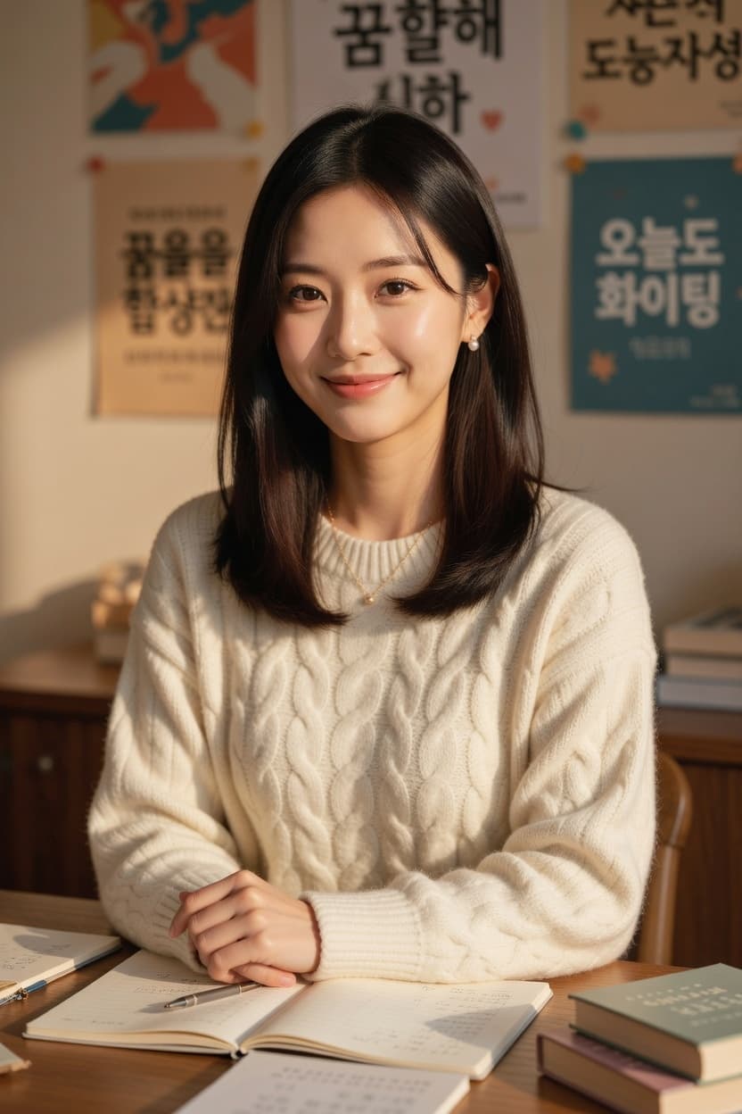 A young woman in a cream cable-knit sweater smiles softly while seated at a sunlit desk surrounded by books.