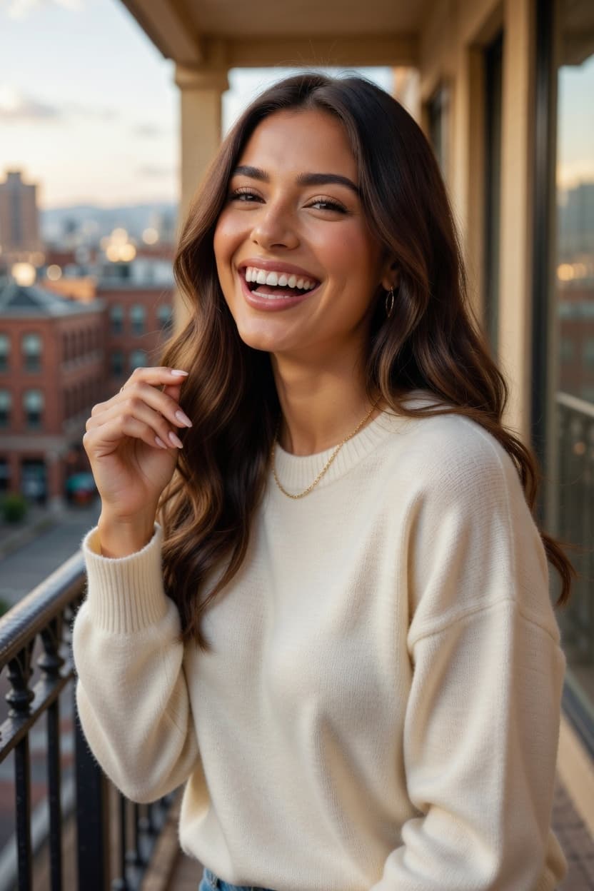 A radiant young woman smiles joyfully on a city balcony at golden hour.