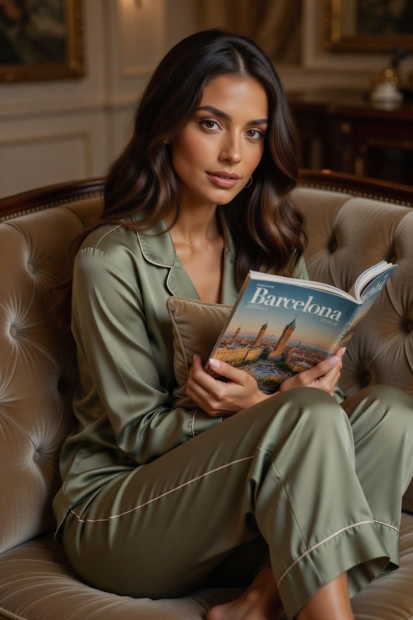 A woman in sage satin pajamas sits comfortably on a tufted sofa, absorbed in a travel book about Barcelona.