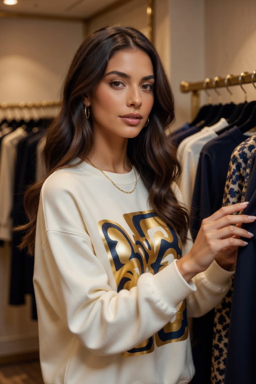 A poised young woman in a cream graphic sweater stands confidently in a dressing room surrounded by clothing racks.