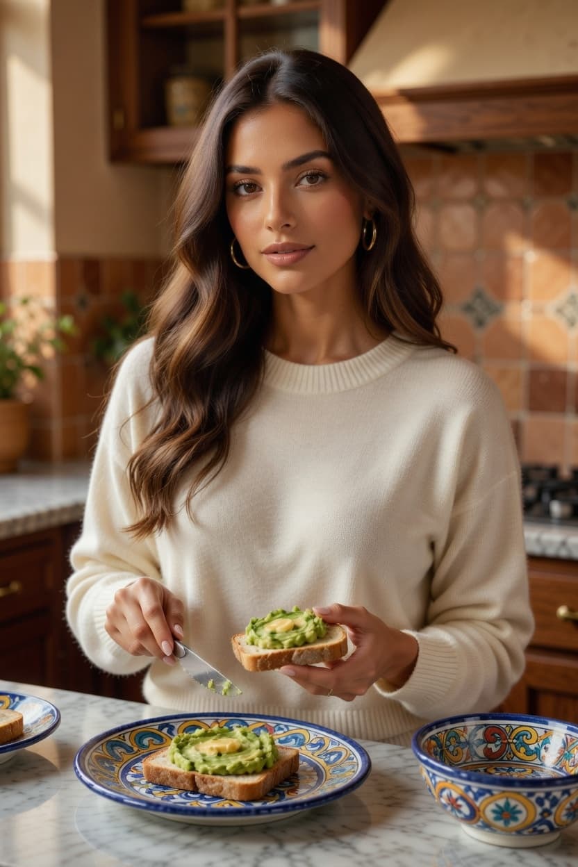 A woman in a cozy cream sweater holds a slice of avocado toast in her bright kitchen.
