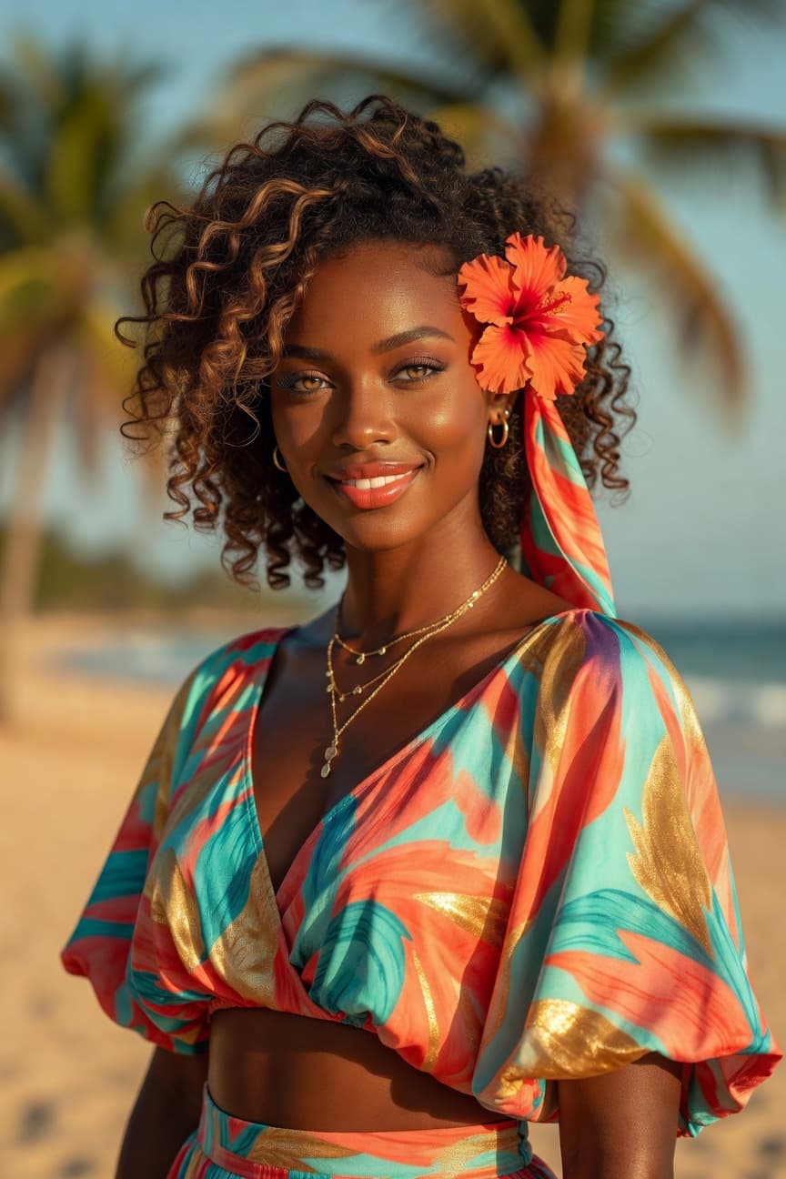 A radiant woman with curly hair and a vibrant tropical top smiles warmly on a sunny tropical beach.