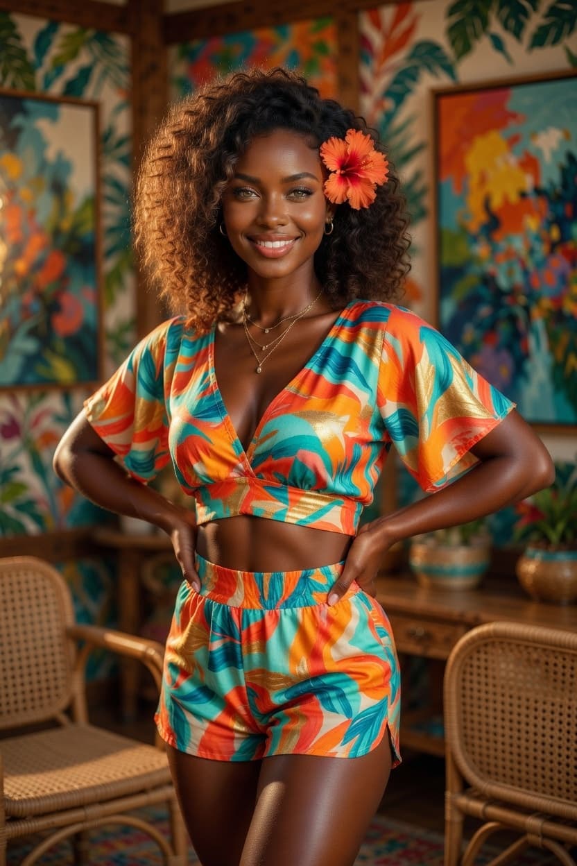 A radiant woman in a vibrant tropical two-piece set smiles confidently with hands on her hips.