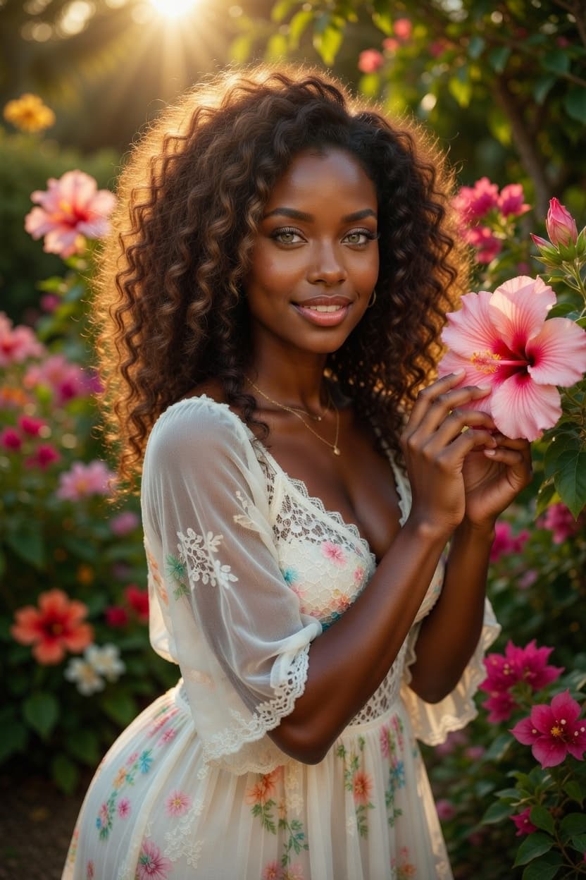 A radiant woman with curly hair holds a pink hibiscus flower while standing gracefully in a vibrant garden at golden hour.