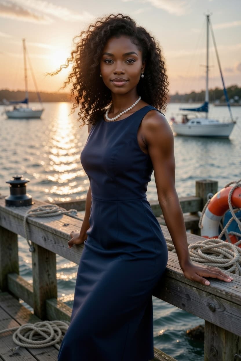 A poised woman in a navy dress leans against a wooden dock railing at sunset with sailboats in the background.