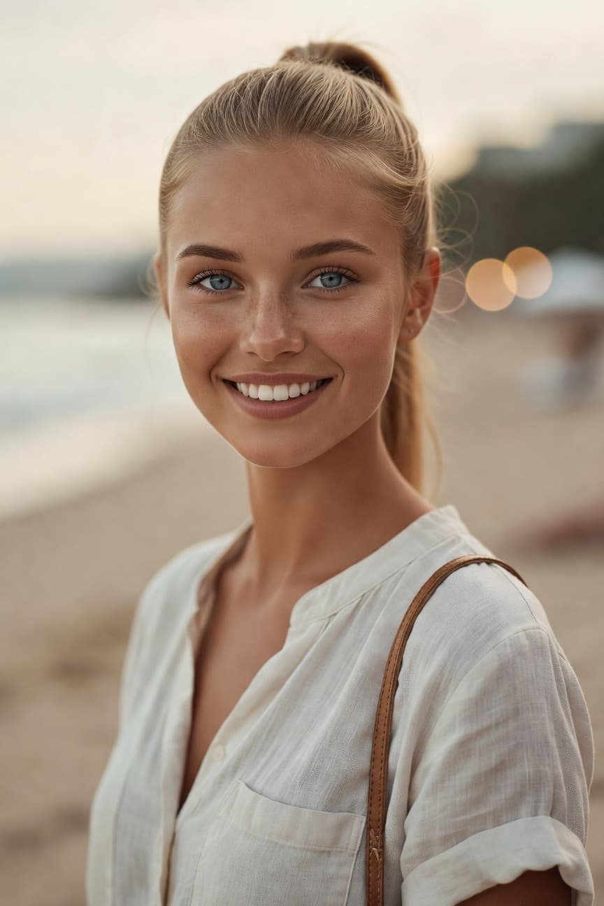 A radiant young woman smiles warmly at the camera during golden hour on a sunny beach.