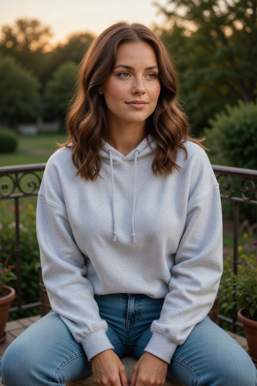 A woman in an oversized hoodie sits peacefully in a garden at golden hour.
