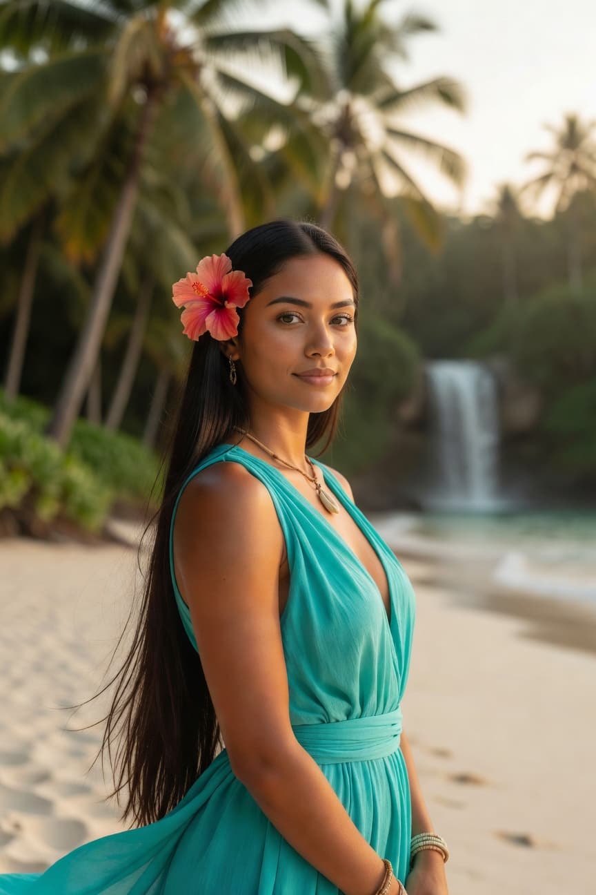 A woman in a flowing turquoise dress stands gracefully on a tropical beach at golden hour with a waterfall in the distance.