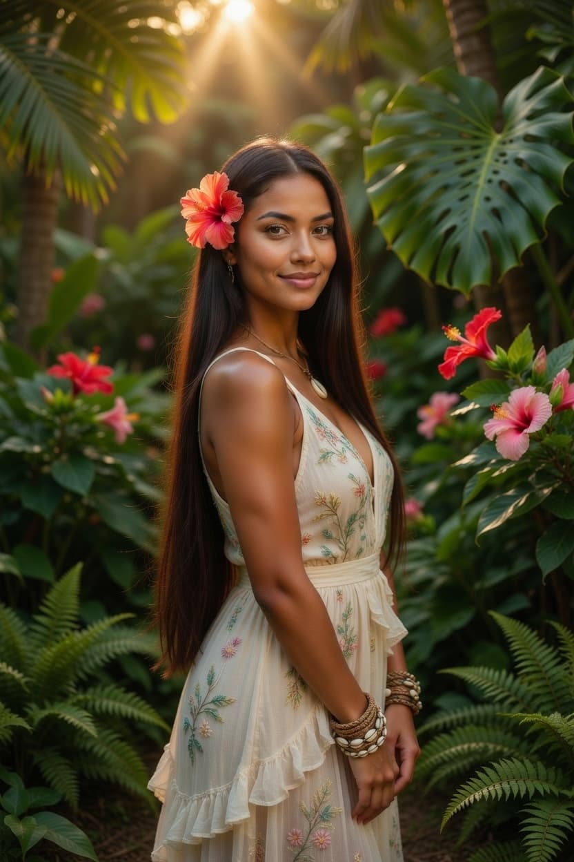 A radiant woman in a floral sundress stands gracefully amid lush tropical foliage during golden hour.