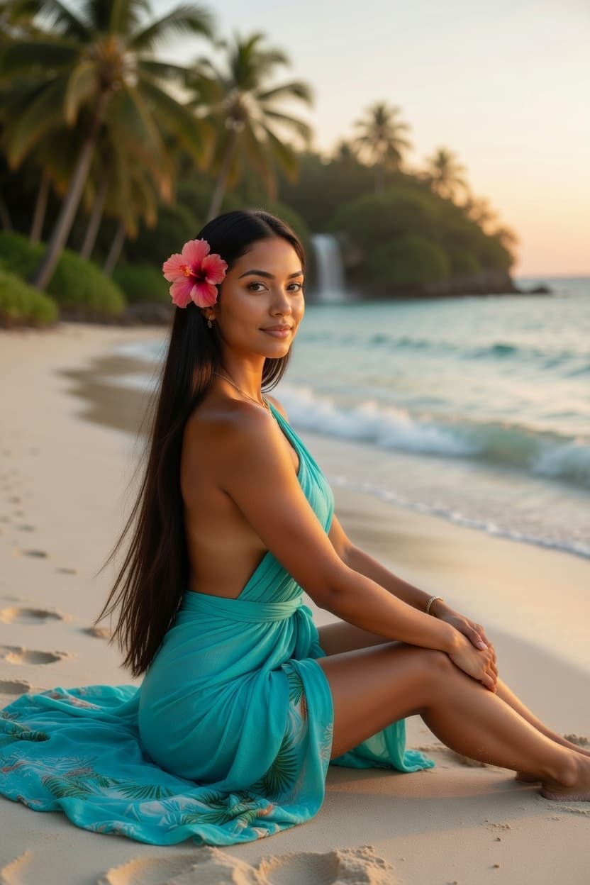 A woman in a flowing turquoise dress sits gracefully on a tropical beach at sunset.