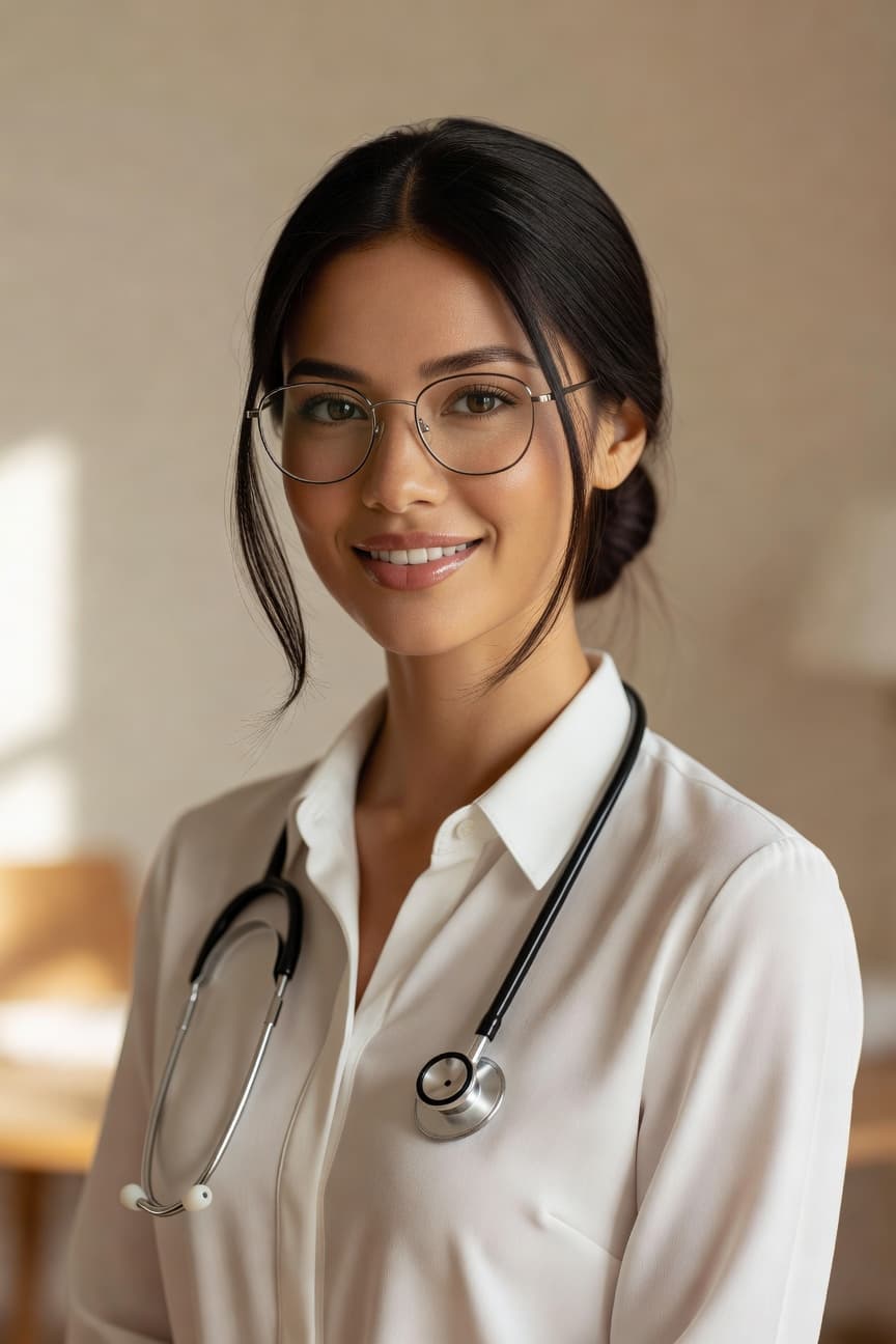 A poised young doctor smiles warmly at the camera while wearing a stethoscope.