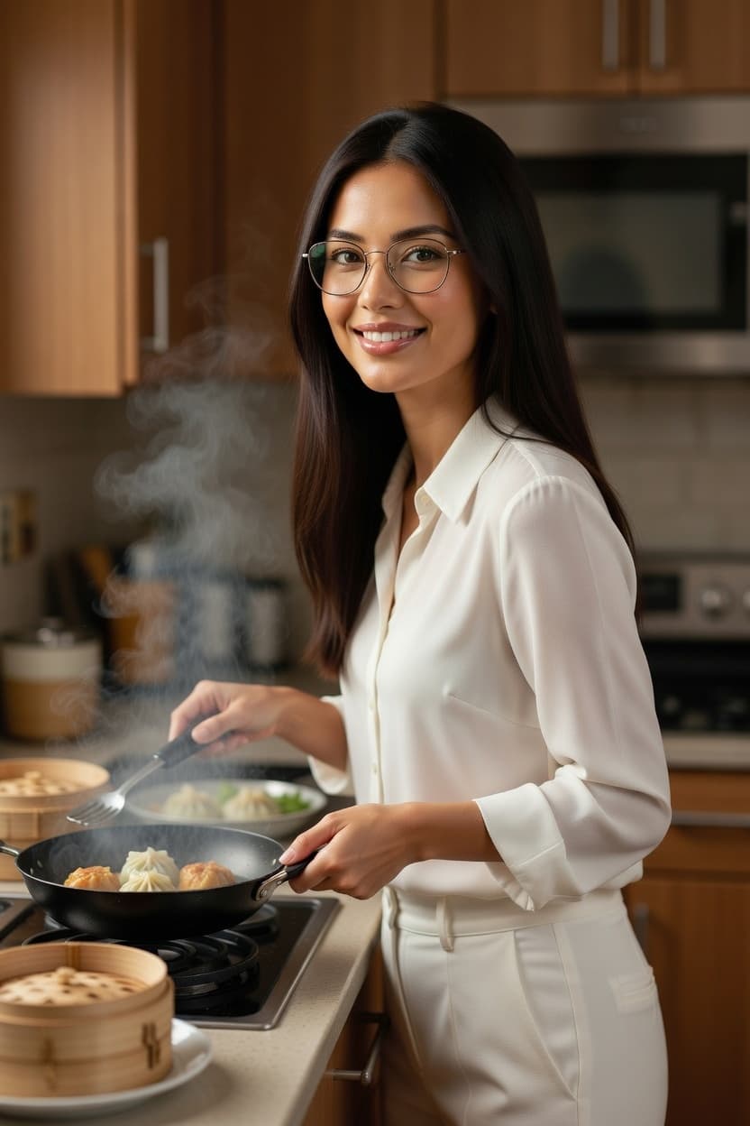 A radiant woman smiles at the camera while cooking dumplings in a modern kitchen.