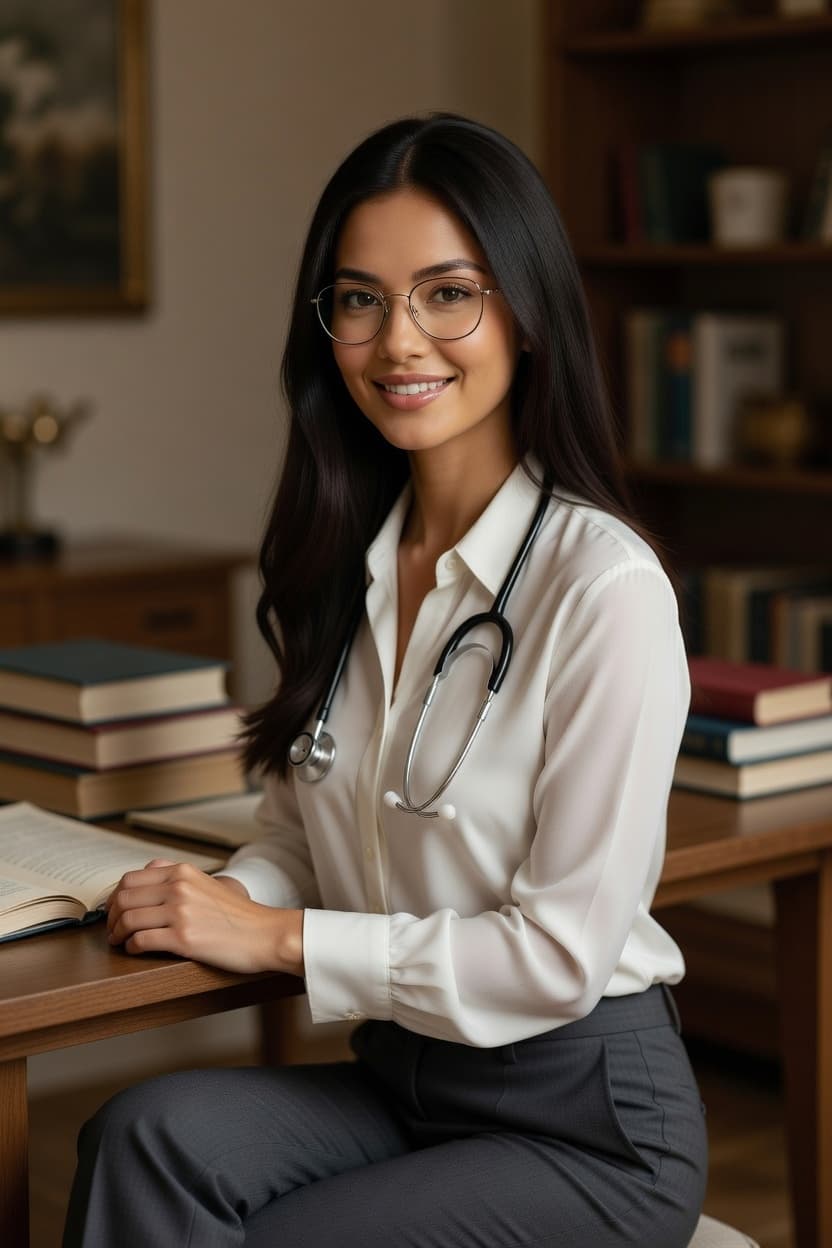 A poised young doctor smiles confidently while seated at a library desk surrounded by books.