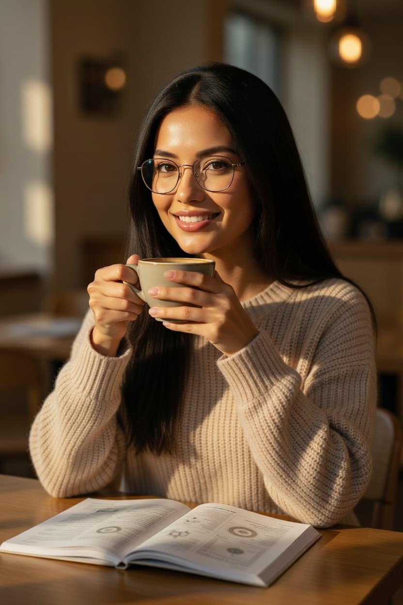 A radiant young woman smiles while enjoying her morning coffee with an open book at a sunlit cafe table.
