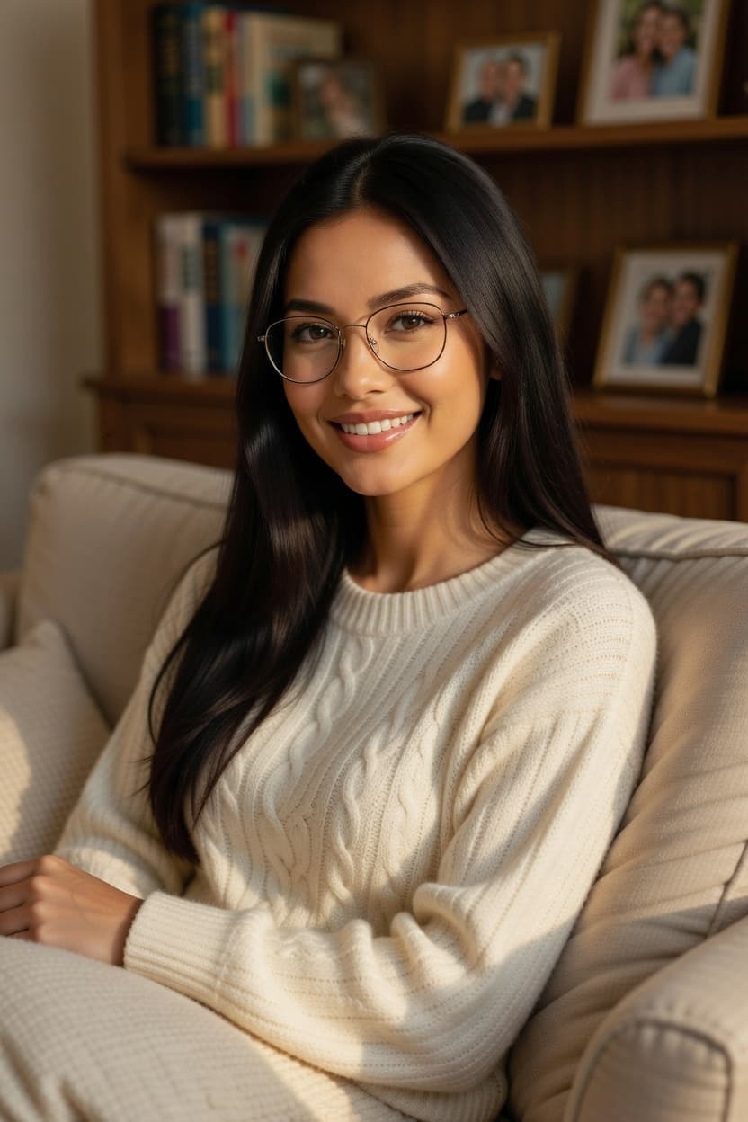 A radiant young woman with long dark hair and glasses smiles warmly while sitting on a cozy couch in a sunlit living room.
