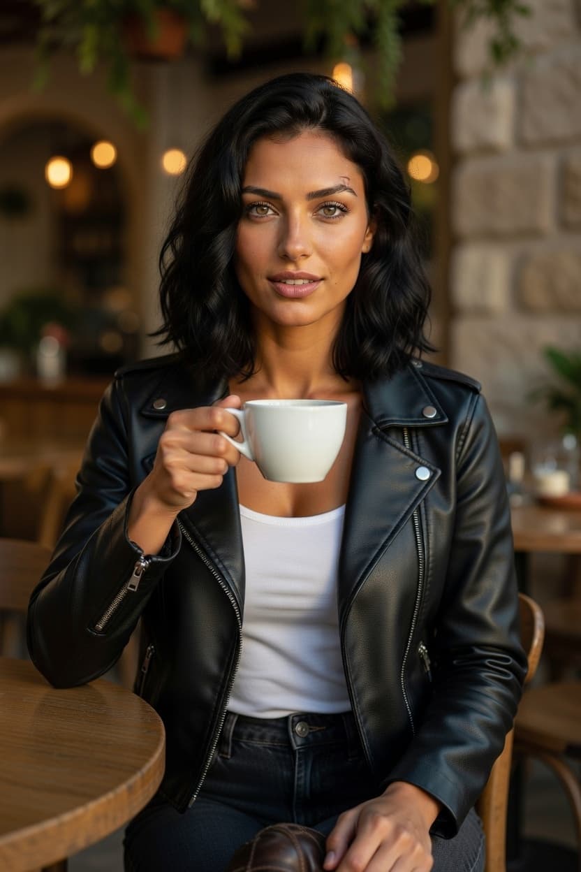 A poised woman in a black leather jacket holds a white coffee cup while gazing directly at the viewer in a cozy cafe.
