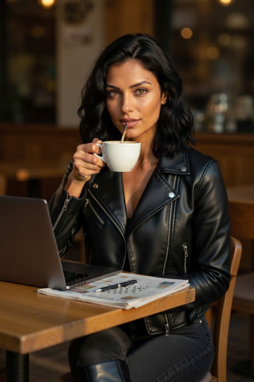 A confident woman in a black leather jacket sips coffee while working on her laptop at a cozy cafe.