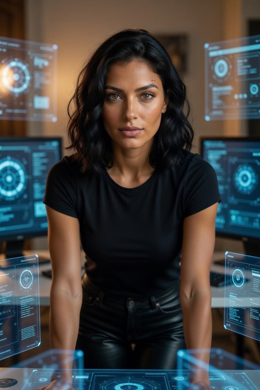 A poised woman leans forward in a high-tech home office surrounded by glowing holographic displays.