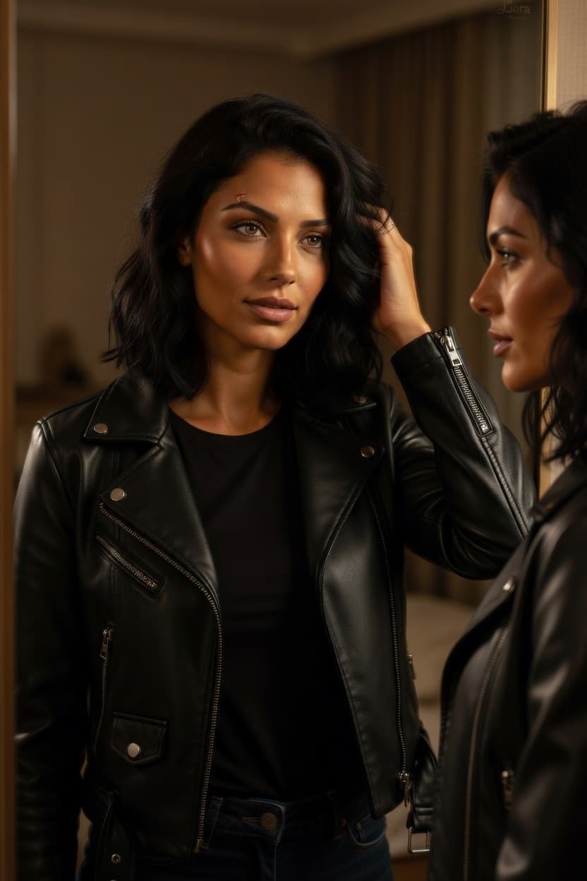 A confident woman in a black leather jacket gazes directly at her reflection while adjusting her wavy hair.