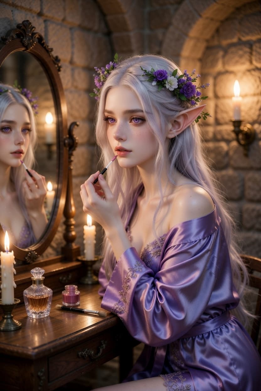 Elegant elf with flower crown applies makeup by candlelight in a stone chamber.