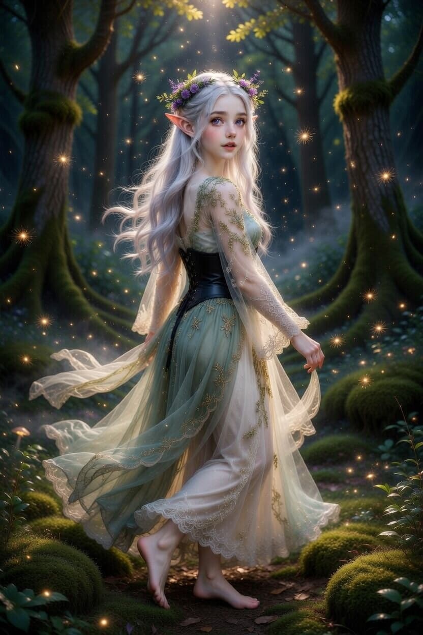 A graceful elf with flowing silver hair wanders barefoot through an enchanted glowing forest.