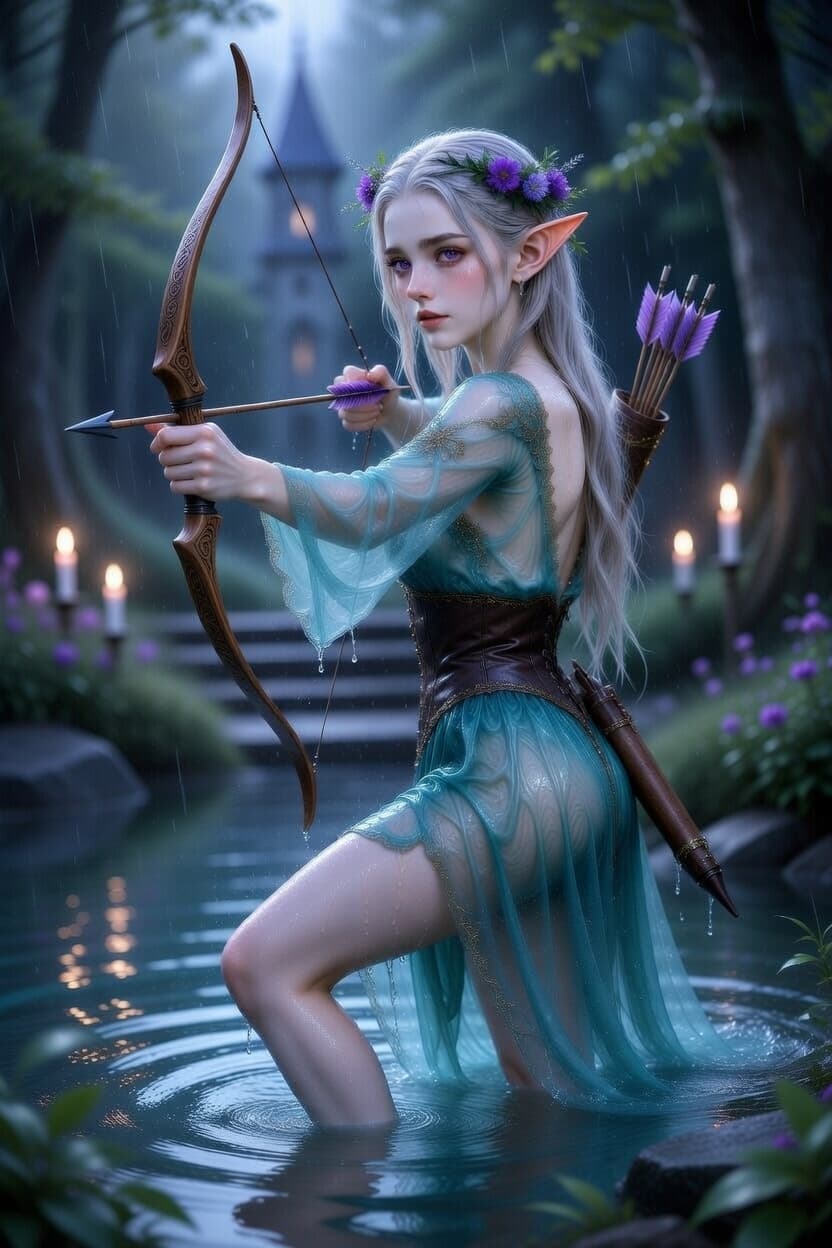 Elegant elf archer stands poised in a misty forest stream at night, bow drawn amid glowing candlelight.