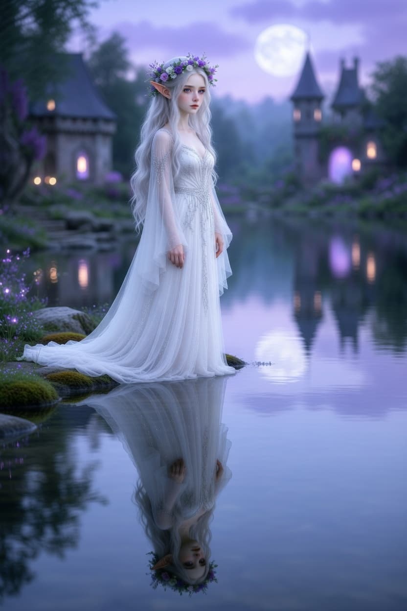 Elegant elf with flowing white hair and floral crown stands by a moonlit lake with castle in the distance.