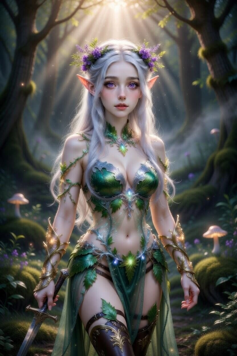 Elegant elf warrior stands poised in an enchanted forest bathed in golden light.