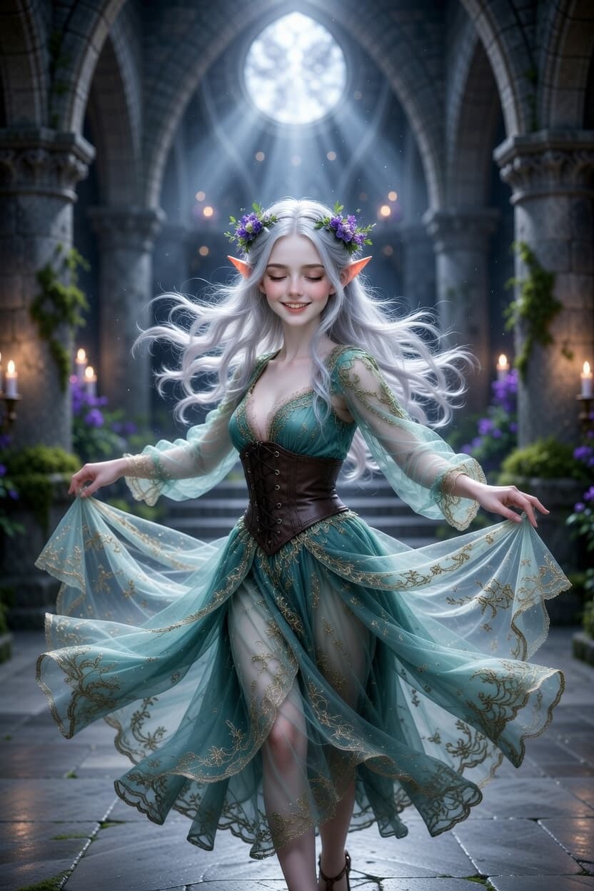 A radiant elf with flowing silver hair twirls playfully in an ornate teal and gold fantasy gown inside a grand stone hall.