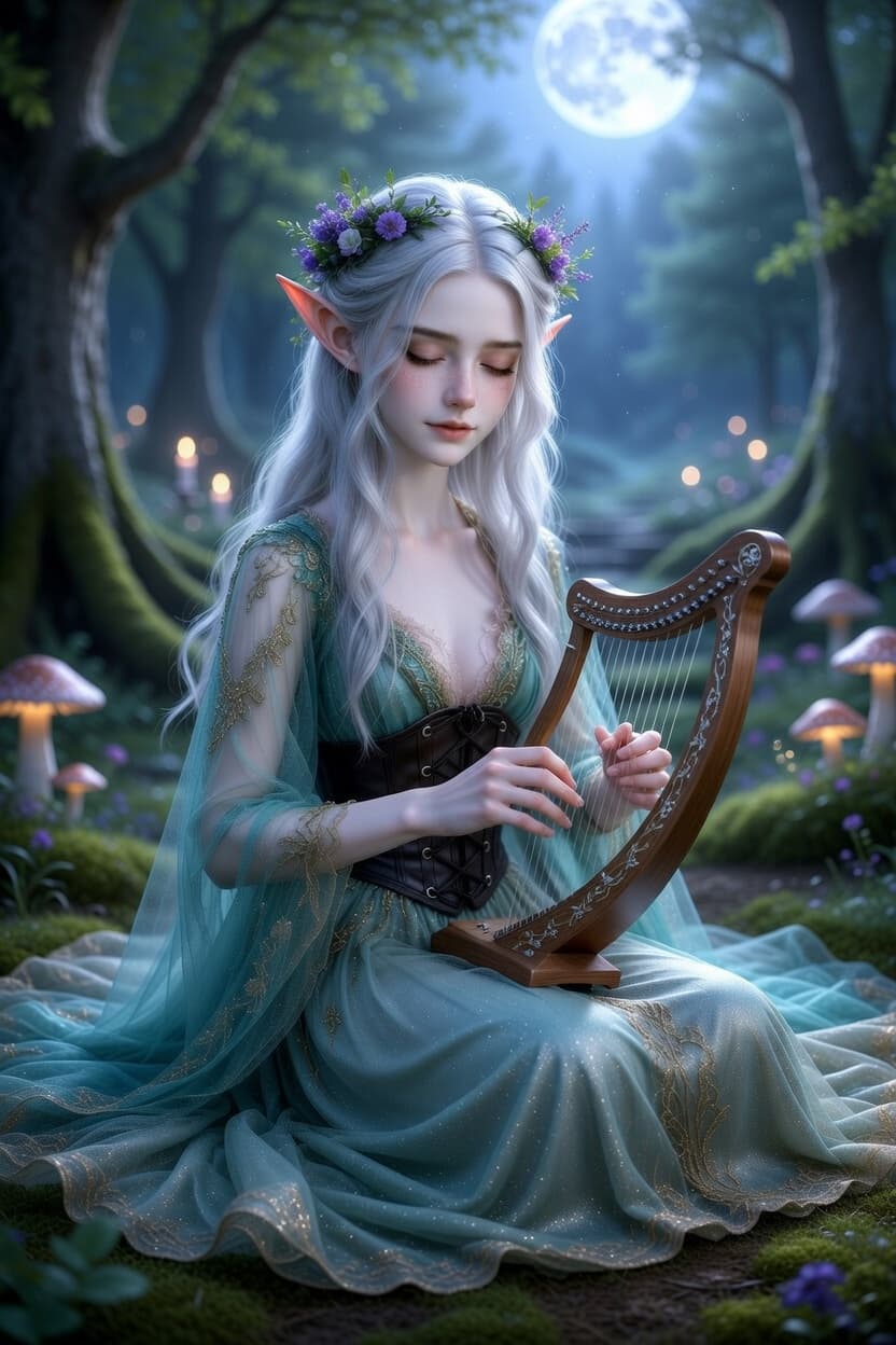 An ethereal elf with flowing silver hair sits peacefully in an enchanted moonlit forest playing a wooden harp.