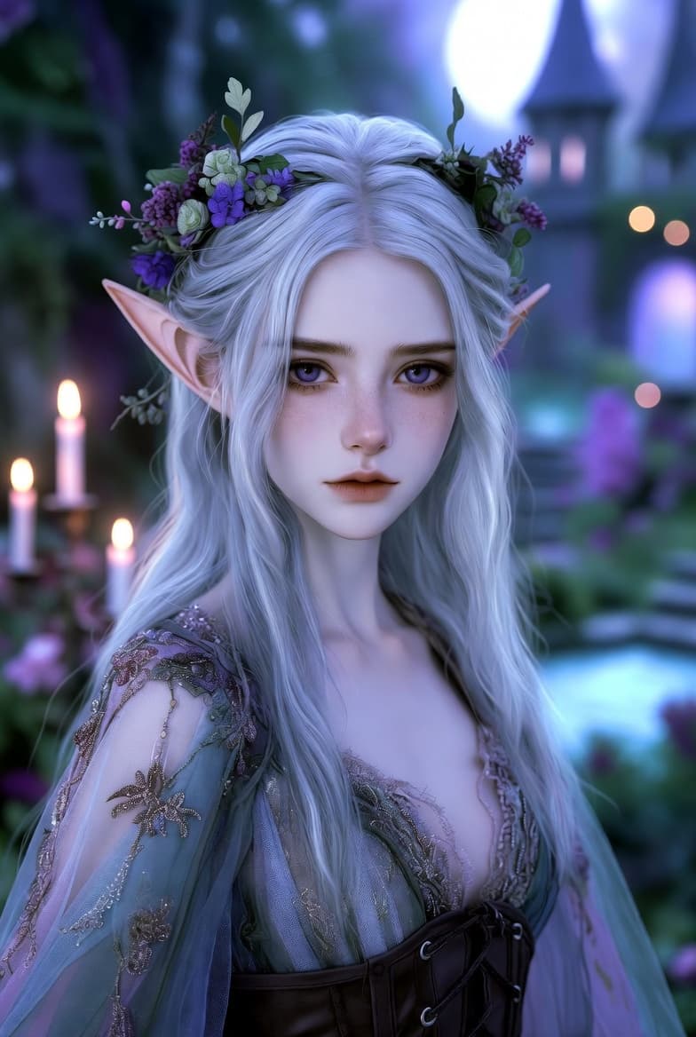 Elegant elf with flowing silver hair and floral crown poses in an enchanted twilight garden.