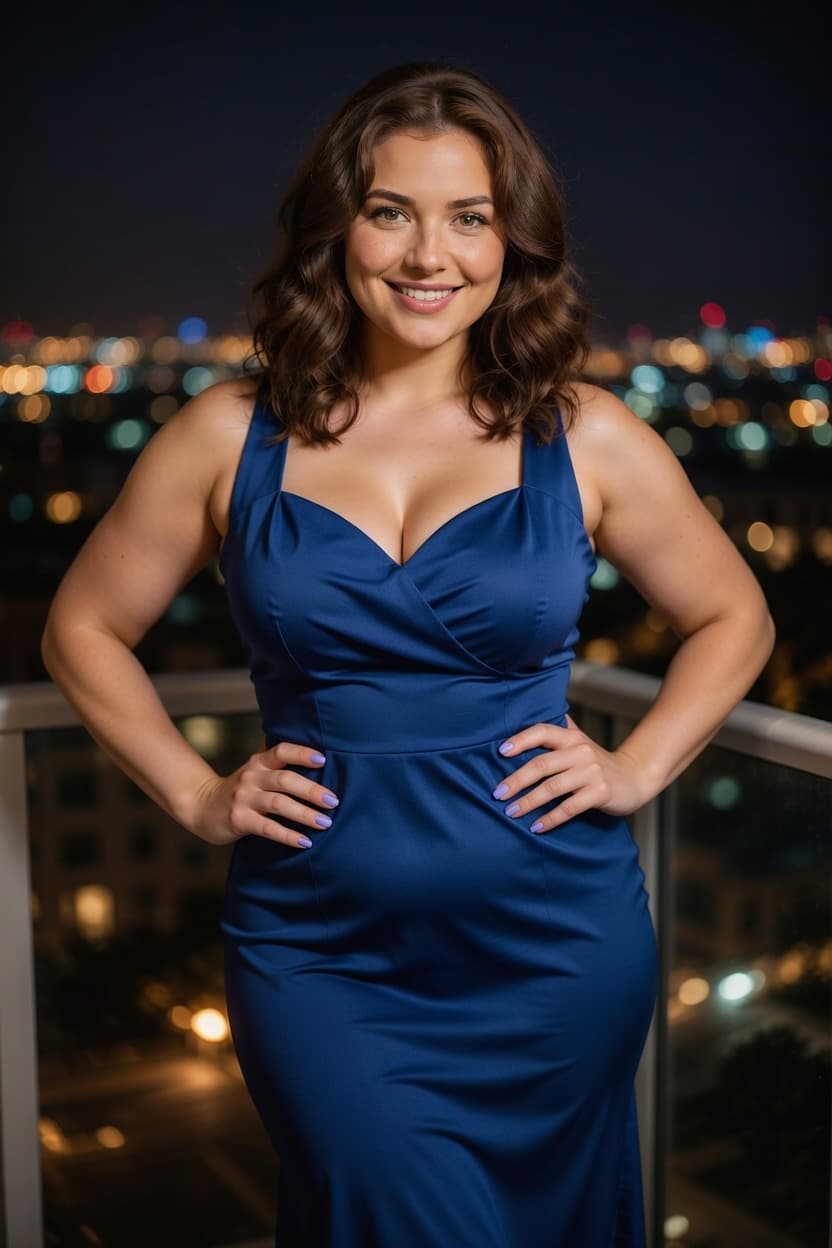 A radiant woman in a striking blue gown poses confidently on a balcony overlooking the glittering city lights at night.